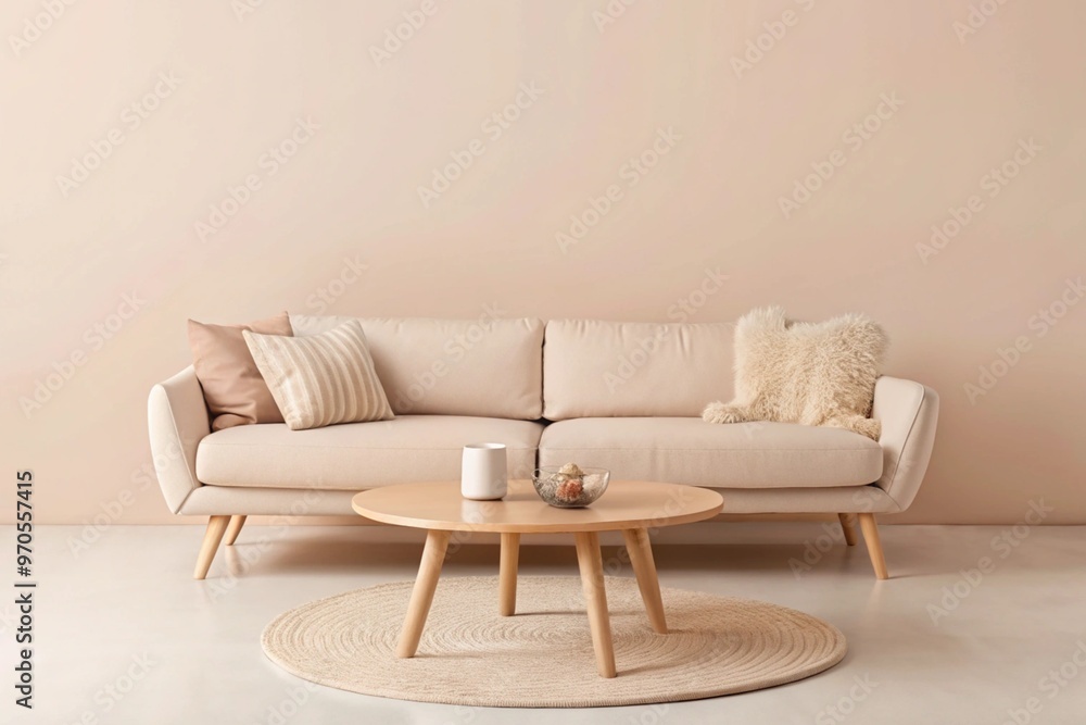 Cozy loveseat sofa near round accent coffee table. Scandinavian home interior design of modern living room in farmhouse Cozy loveseat sofa near round accent coffee table. Scandinavian home interior design of modern living room in farmhouse