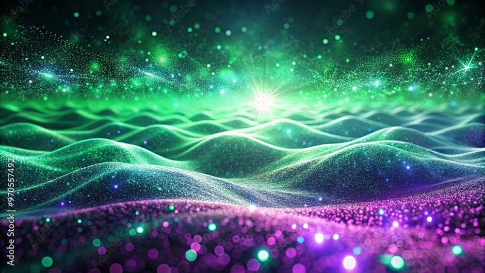 Vibrant landscape with sparkling particle wave in emerald and violet hues, creating a mesmerizing and futuristic scene Vibrant landscape with sparkling particle wave in emerald and violet hues, creating a mesmerizing and futuristic scene