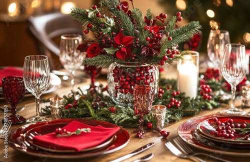 Aesthetic red-themed Christmas dinner table setting with wine glasses and nice tableware with gold accents