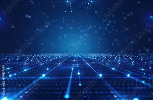 Wide-Angle View of Blue Technological Background with Glowing Lights and Grid Lines. High-Resolution Dark Blue Vector Illustration Featuring Futuristic Design Elements and Digital Connectivity Concept