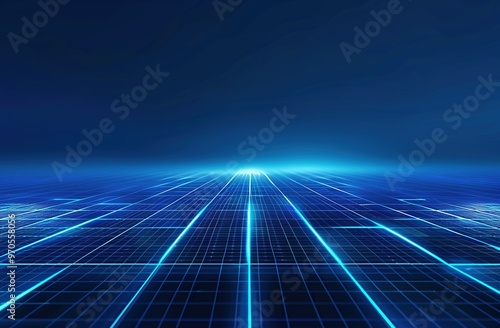 Wide-Angle View of Blue Technological Background with Glowing Lights and Grid Lines. High-Resolution Dark Blue Vector Illustration Featuring Futuristic Design Elements and Digital Connectivity Concept