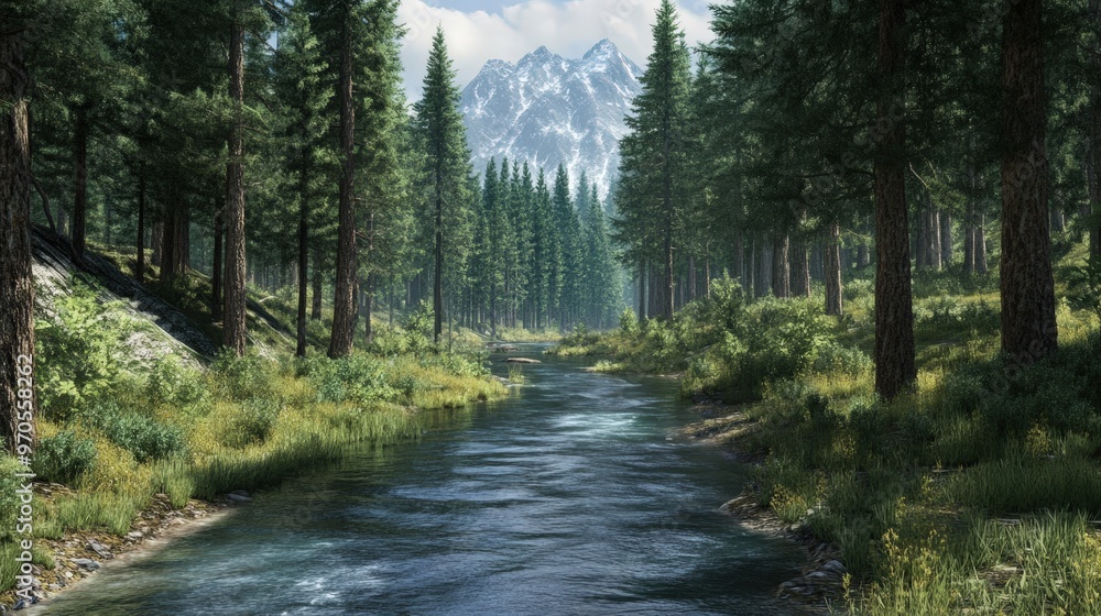 Fototapeta premium tranquil pine forest with a gentle stream winding through it