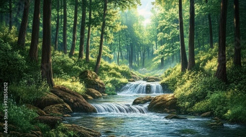 tranquil forest with a gently winding river running through it