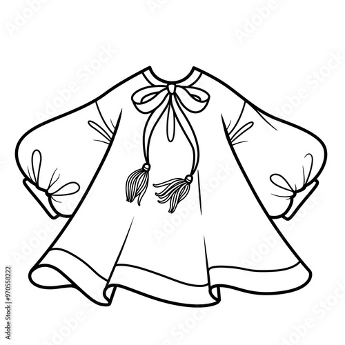 Loose flowy dress with puff sleeves outlined for coloring page on white background