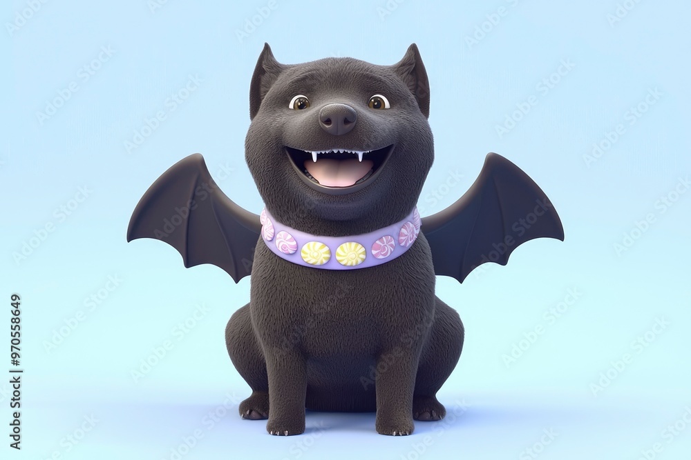 Fototapeta premium Cute Black Dog with Bat Wings and Candy Necklace
