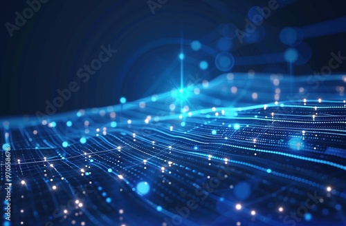 Wide-Angle View of Blue Technological Background with Glowing Lights and Grid Lines. High-Resolution Dark Blue Vector Illustration Featuring Futuristic Design Elements and Digital Connectivity Concept