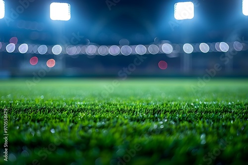 Baseball stadium at night, focus on the field with lights, with copy space, nobody