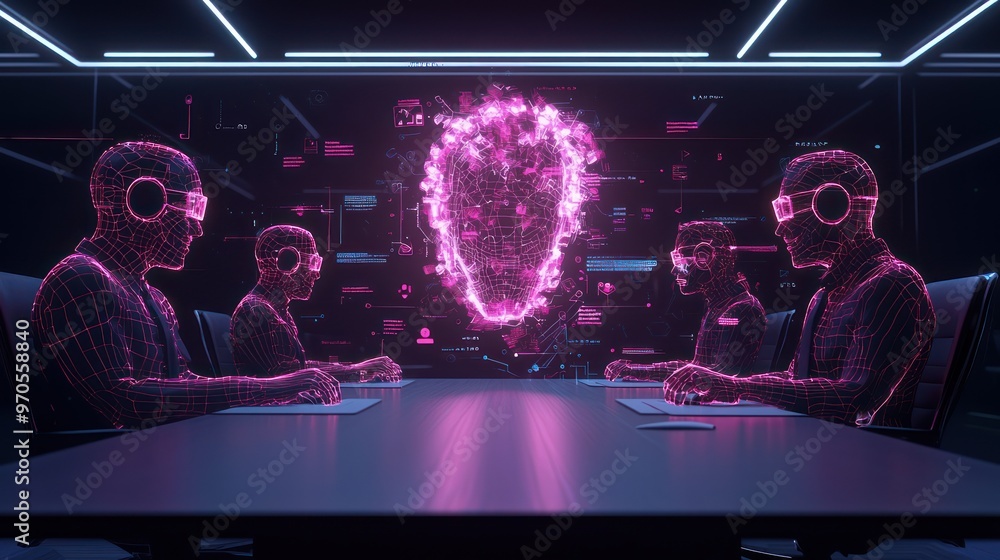 Futuristic Mixed Reality Meeting with International Colleagues as Holograms in Cartoon-Style 3D Conference Room, Generative AI Futuristic Mixed Reality Meeting with International Colleagues as Holograms in Cartoon-Style 3D Conference Room, Generative AI