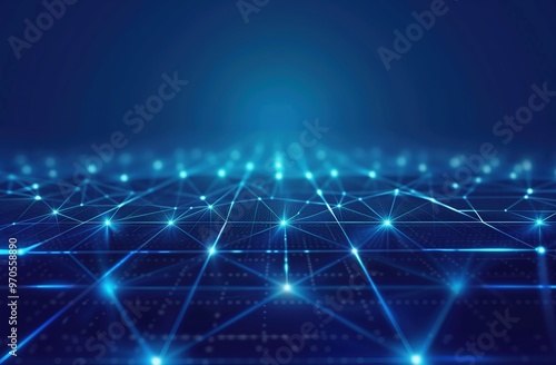 Wide-Angle View of Blue Technological Background with Glowing Lights and Grid Lines. High-Resolution Dark Blue Vector Illustration Featuring Futuristic Design Elements and Digital Connectivity Concept