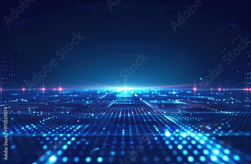 Wide-Angle View of Blue Technological Background with Glowing Lights and Grid Lines. High-Resolution Dark Blue Vector Illustration Featuring Futuristic Design Elements and Digital Connectivity Concept