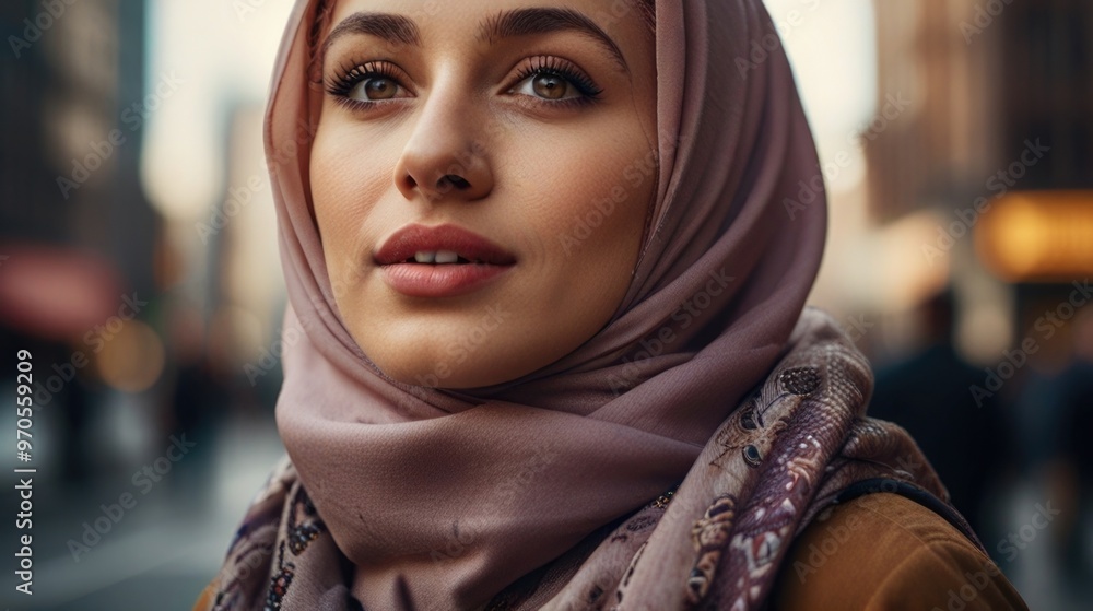 Happy beautiful woman wearing hijab on the city street Happy beautiful woman wearing hijab on the city street