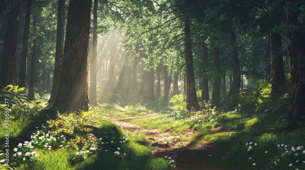 Obraz premium vibrant pine forest with sunlight filtering through the trees.