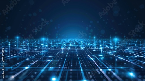 Wide-Angle View of Blue Technological Background with Glowing Lights and Grid Lines. High-Resolution Dark Blue Vector Illustration Featuring Futuristic Design Elements and Digital Connectivity Concept