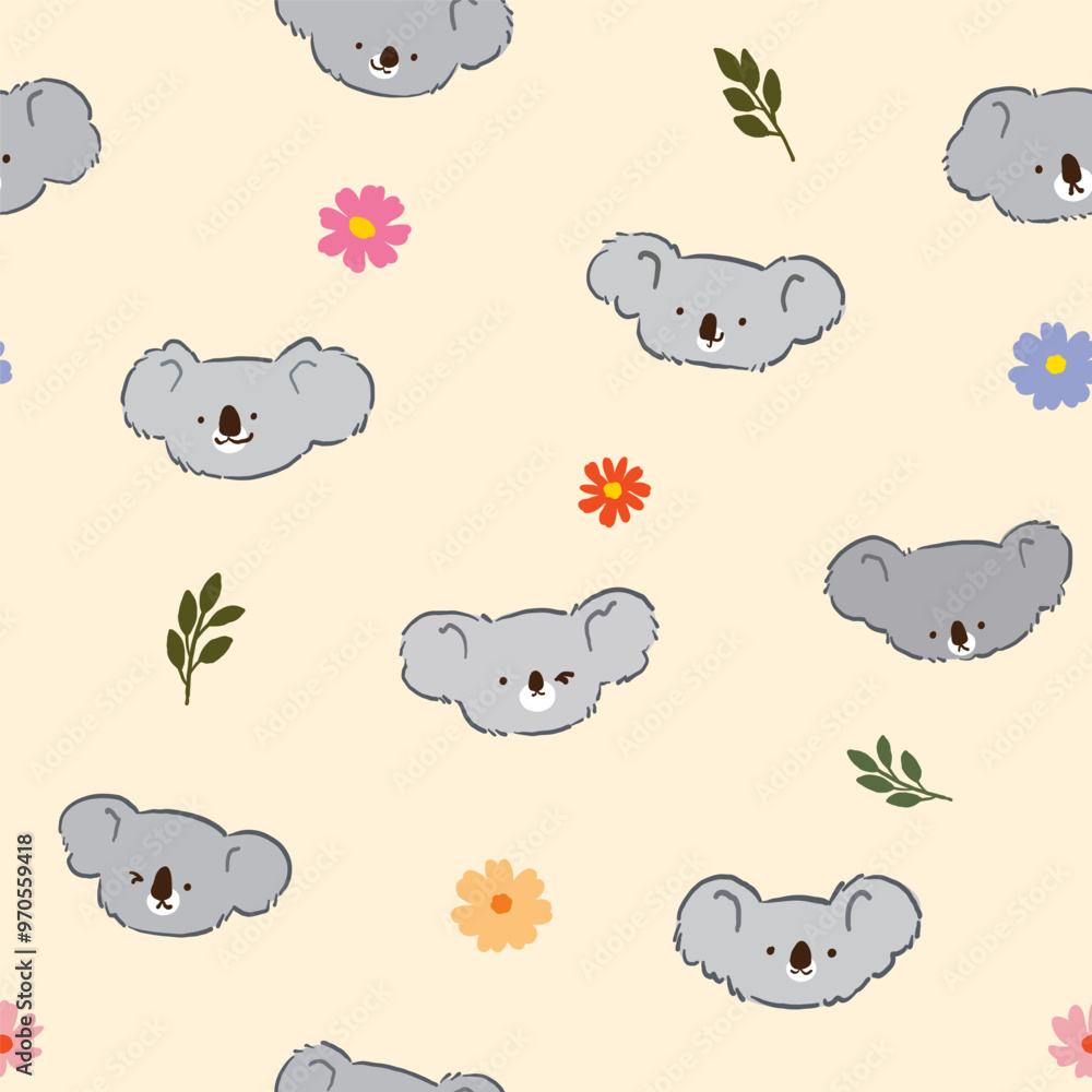 Seamless Pattern with Cute Cartoon Koala Bear Face, Flower and Leaf Design on Light Yellow Background Seamless Pattern with Cute Cartoon Koala Bear Face, Flower and Leaf Design on Light Yellow Background