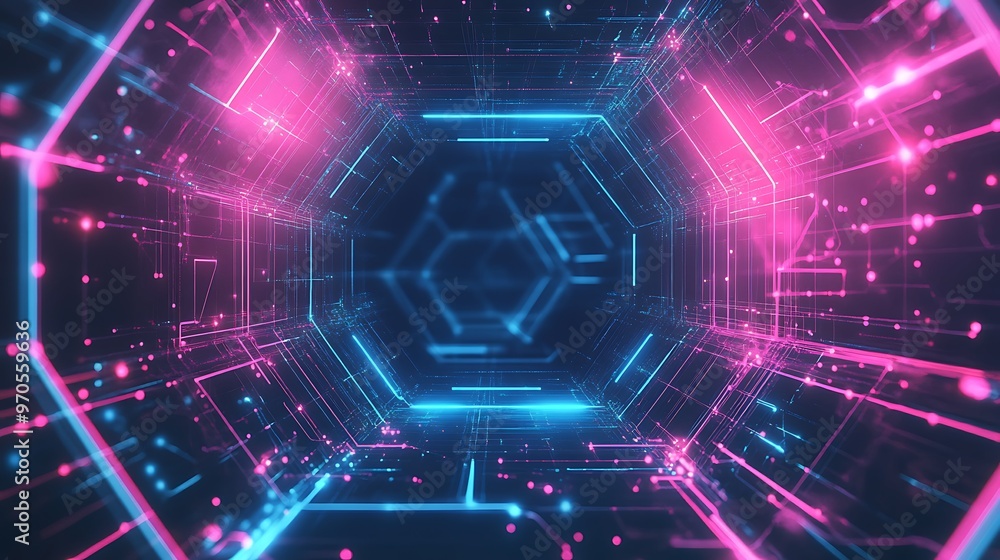Abstract digital tunnel with glowing neon lines and particles. Abstract digital tunnel with glowing neon lines and particles.