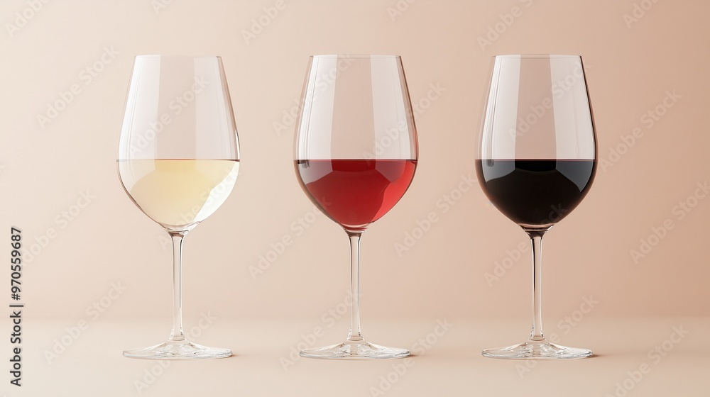 Three Elegant Wine Glasses with White, Rosé, and Red Wine Against a Soft Beige Background, Perfect for Celebrating Special Occasions, Wine Tasting Events, or Culinary Promotions Three Elegant Wine Glasses with White, Rosé, and Red Wine Against a Soft Beige Background, Perfect for Celebrating Special Occasions, Wine Tasting Events, or Culinary Promotions
