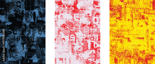 Set of textures .Glitch distorted grungy backgrounds . Cyber punk collection of textures with halftone dots, glitched shapes, textures and lines .Screen print vector backgrounds