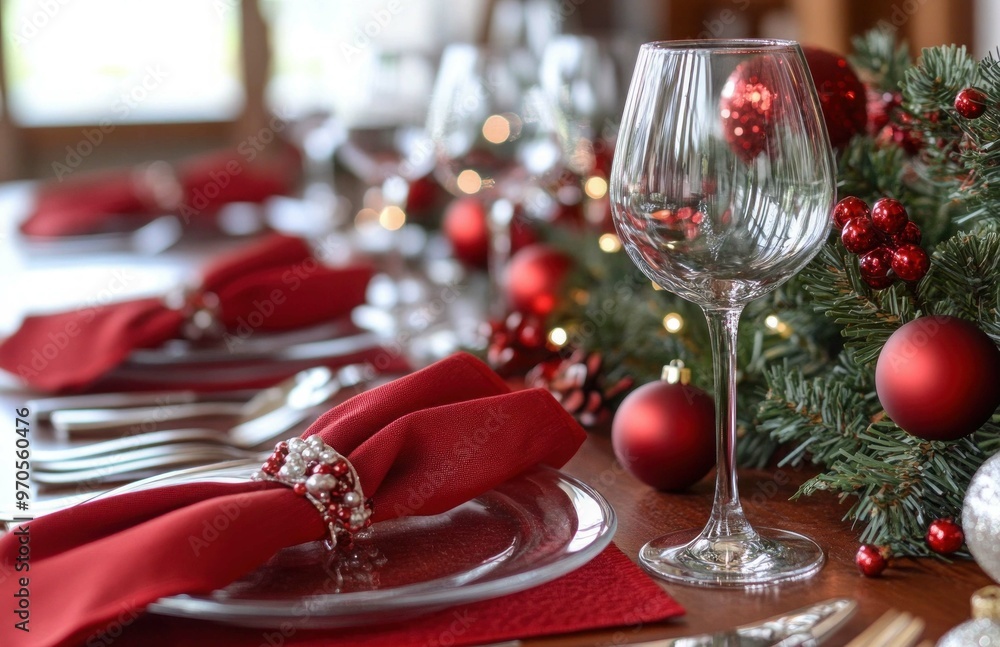 Aesthetic red-themed Christmas dinner table setting with wine glasses and nice tableware with gold accents Aesthetic red-themed Christmas dinner table setting with wine glasses and nice tableware with gold accents
