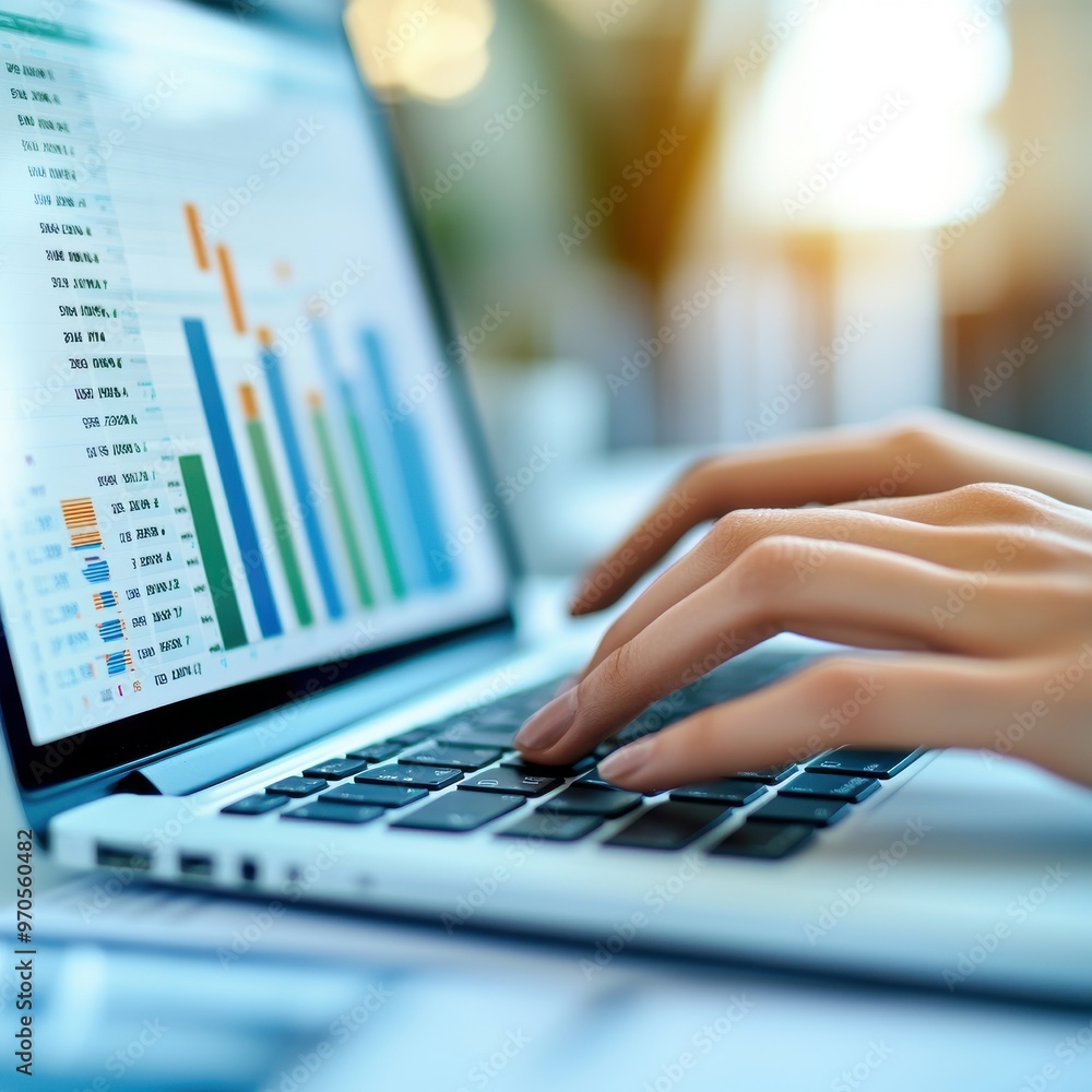 Close-up of a person's hands typing on a laptop, analyzing data with colorful graphs on the screen in a bright office setting. Close-up of a person's hands typing on a laptop, analyzing data with colorful graphs on the screen in a bright office setting.