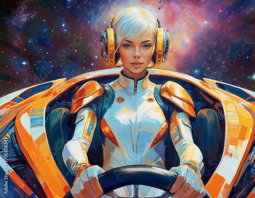 Jolie femme cosmonaute qui pilote son vaisseau spatial, style science fiction rétro, vintage, sublime, vue de face, la galaxie en arrière plan, jolies couleurs,  photo