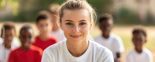 A social worker organizing a sports day for disadvantaged children, sports day, social worker, disadvantaged