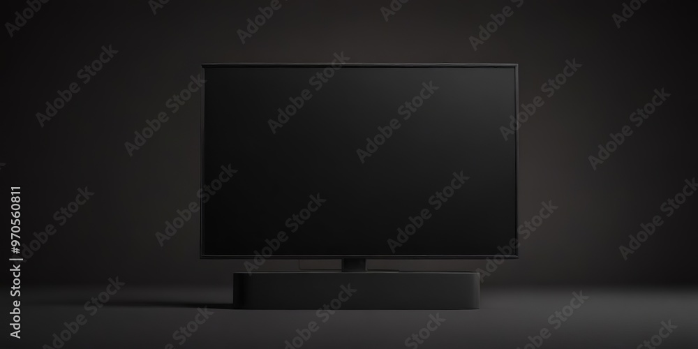 Fototapeta premium A black flat screen TV is centered on a black stand against a dark background.