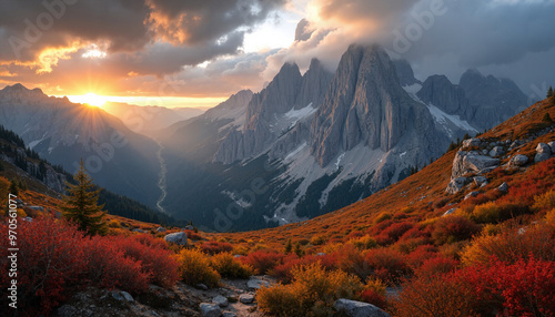 Atemberaubender Sonnenuntergang über Berglandschaft mit Herbstfarben