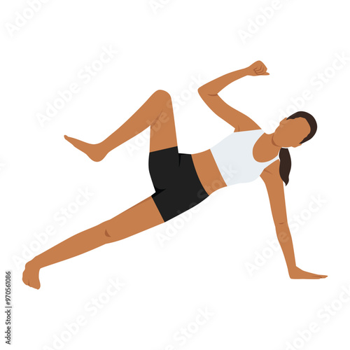 Young woman doing Side Plank Pose Crunch or Vasisthasana Crunch. Flat vector illustration isolated on white background