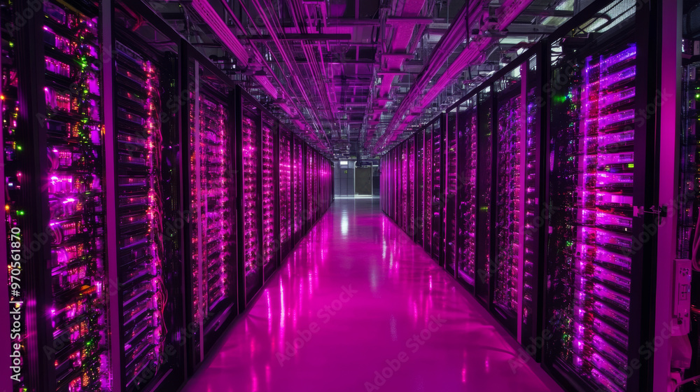 Fototapeta premium Data centers use powerful computers and cloud technology to store, protect, and analyze huge amounts of information, including social media data.