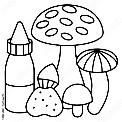 mushroom items outline coloring book page line art drawing photo