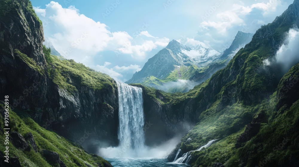 natural wonder of a waterfall flowing from the heights of majestic mountains. natural wonder of a waterfall flowing from the heights of majestic mountains.