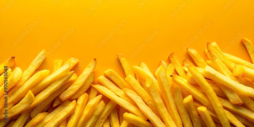 Freshly cooked French fries arranged on a vibrant yellow background Freshly cooked French fries arranged on a vibrant yellow background