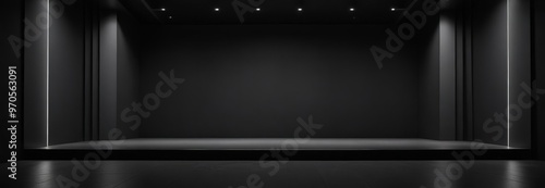 A dimly lit, empty stage with a black floor and walls, featuring a single spotlight on the right side.