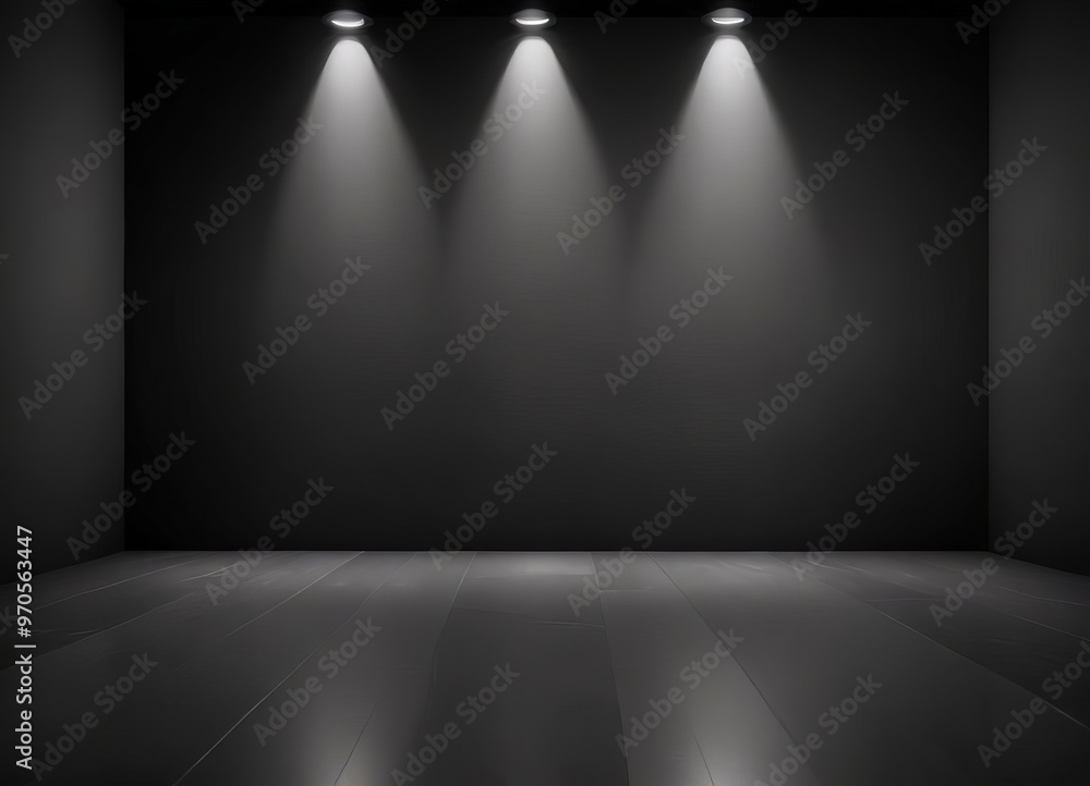 Obraz premium Three spotlights shine down on a dark, empty room with a wooden floor.