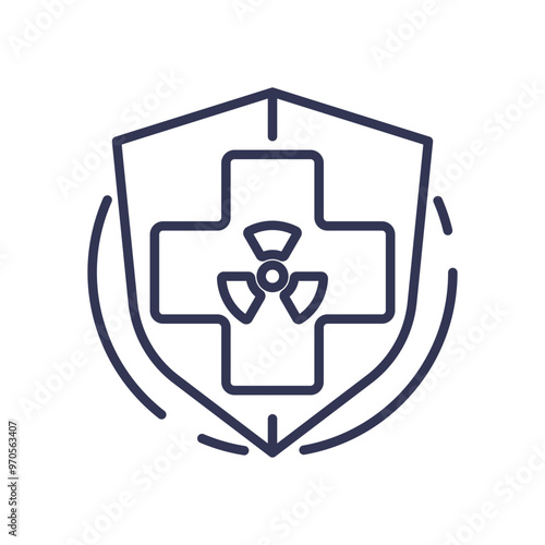 Shield with medical cross and radiation symbol representing safety and efficacy in healthcare and radiation protection.