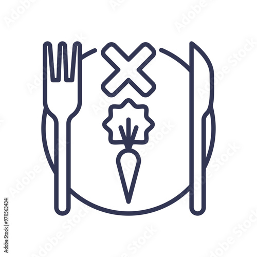 Illustration of a plate with a fork, knife, carrot, and an 'X' symbolizing decreased appetite.