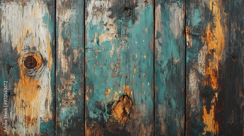 Weathered Wooden Planks with Peeling Teal Paint