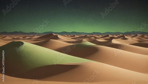 A vast expanse of sand dunes stretches across the desert under a starry night sky, with a faint green glow illuminating the scene.