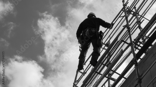 Construction Worker Ascending Scaffolding Against a Cloudy Sky