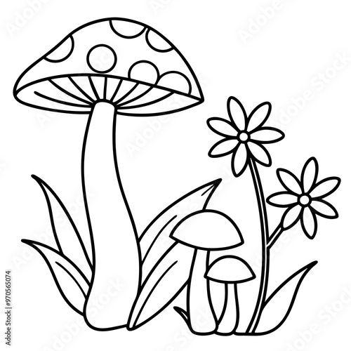 mushrooms and flower plant outline coloring book page line art drawing photo