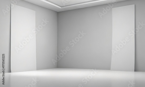 An empty, minimalist room with white walls and a white floor, featuring two vertical white panels on the left wall and a horizontal white panel on the right wall.