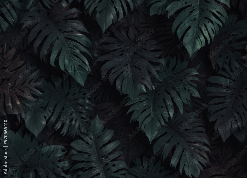 a dense, dark green pattern of large leaves, creating a sense of depth and texture. The leaves are arranged in a repeating pattern, with some overlapping and others a dense, dark green pattern of large leaves, creating a sense of depth and texture. The leaves are arranged in a repeating pattern, with some overlapping and others