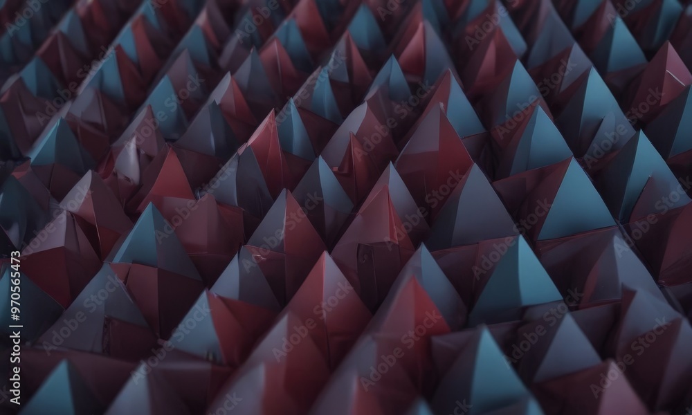 Obraz premium a close-up view of a geometric pattern composed of numerous overlapping triangular shapes in various shades of red and blue.