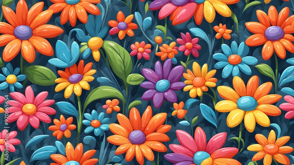 Seamless pattern of colorful cartoon flowers on a dark blue background. Seamless pattern of colorful cartoon flowers on a dark blue background.