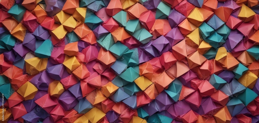 A vibrant collage of origami shapes in various colors, including red, orange, yellow, green, blue, and purple, arranged in a visually striking pattern. A vibrant collage of origami shapes in various colors, including red, orange, yellow, green, blue, and purple, arranged in a visually striking pattern.