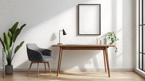 A minimalist Scandinavian-style home office with a sleek wooden desk and a comfortable grey chair placed in front of a blank wall, featuring a framed mock-up poster photo