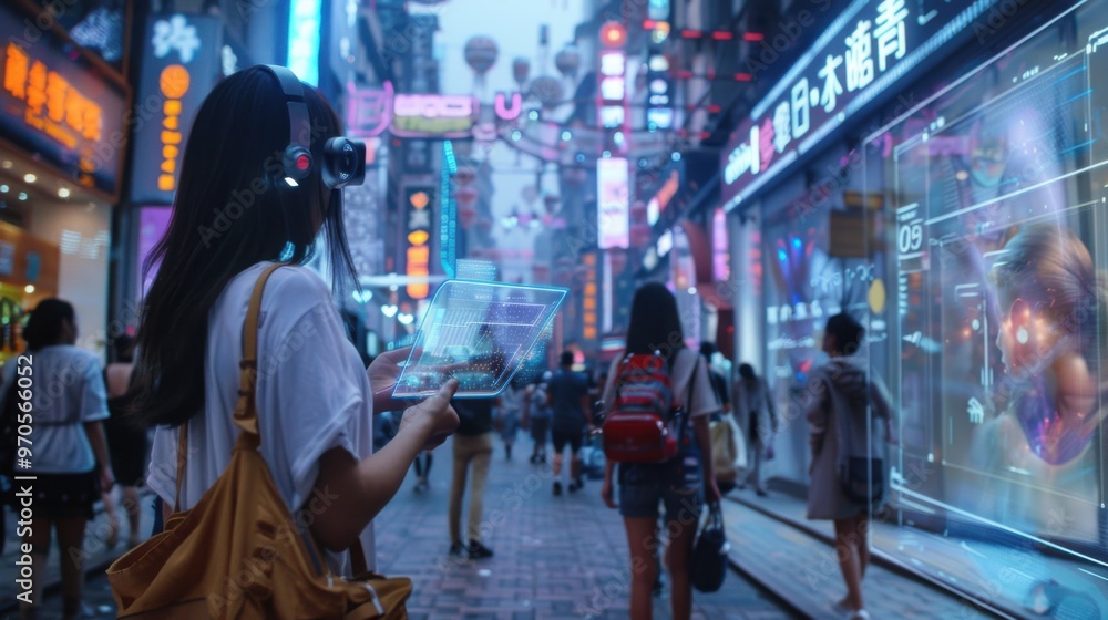 Immersed in a virtual shopping experience, a futuristic woman browses for the latest clothing and footwear trends on a bustling outdoor street Immersed in a virtual shopping experience, a futuristic woman browses for the latest clothing and footwear trends on a bustling outdoor street