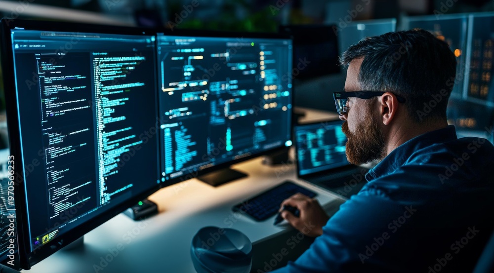 Engineer remotely diagnosing a network issue in real-time, dark mode screens, intense focus, ensuring continuous operations Engineer remotely diagnosing a network issue in real-time, dark mode screens, intense focus, ensuring continuous operations
