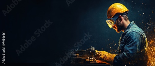 A skilled worker in a helmet and safety goggles uses a lathe to process metal, with sparks flying around in an industrial setting, with copy space