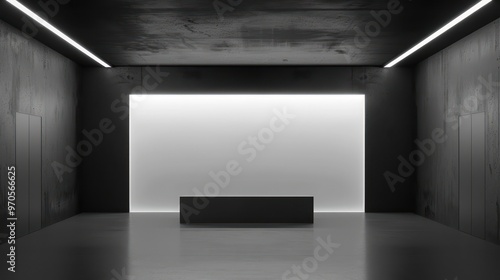 A minimalist interior space featuring a central table and illuminated backdrop, emphasizing simplicity and modern design.